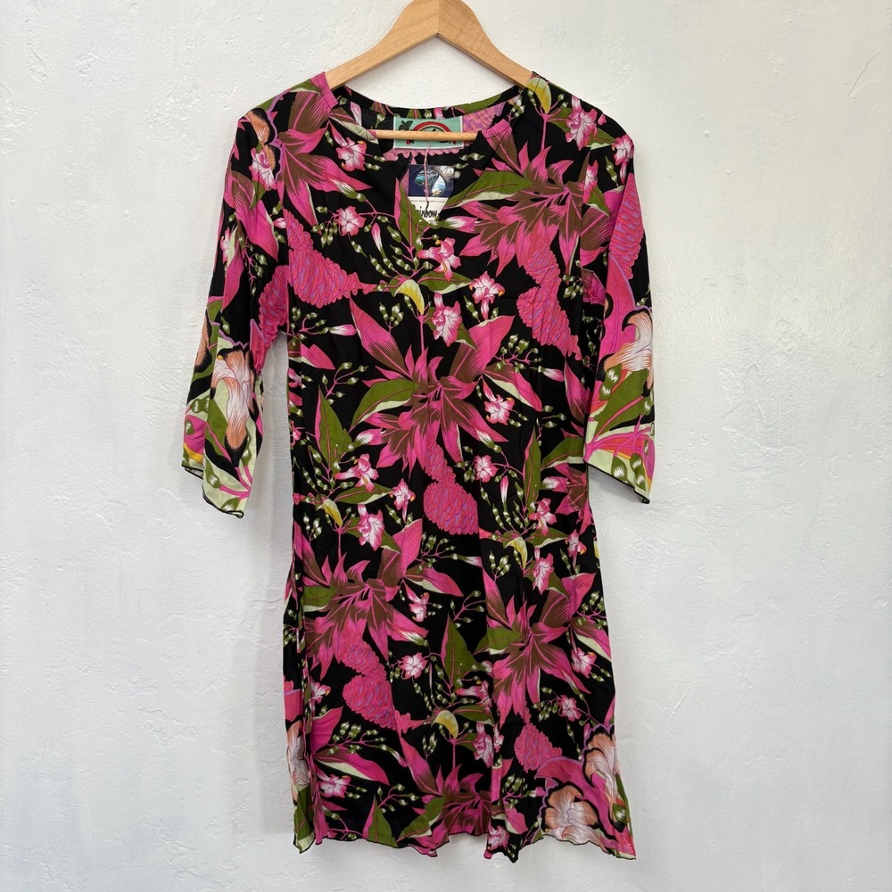 Rainbow Jo Hawaiian Dress Women Size Large Black Pink Floral New